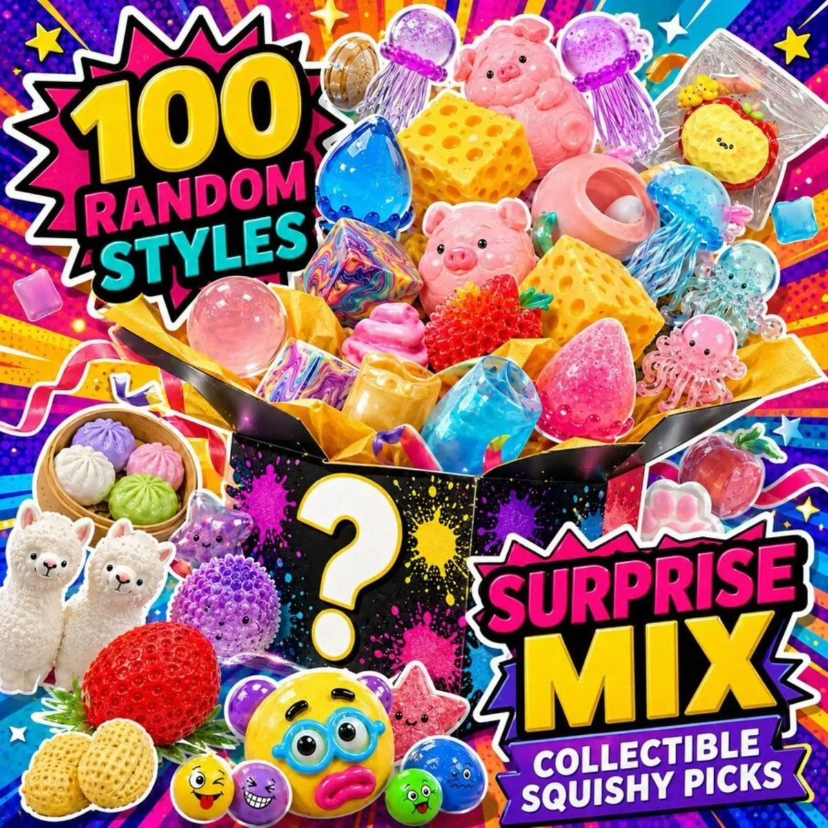 Random Cute Squishy Toy Party Favor, Soft Stress Relief Fidget Collectible