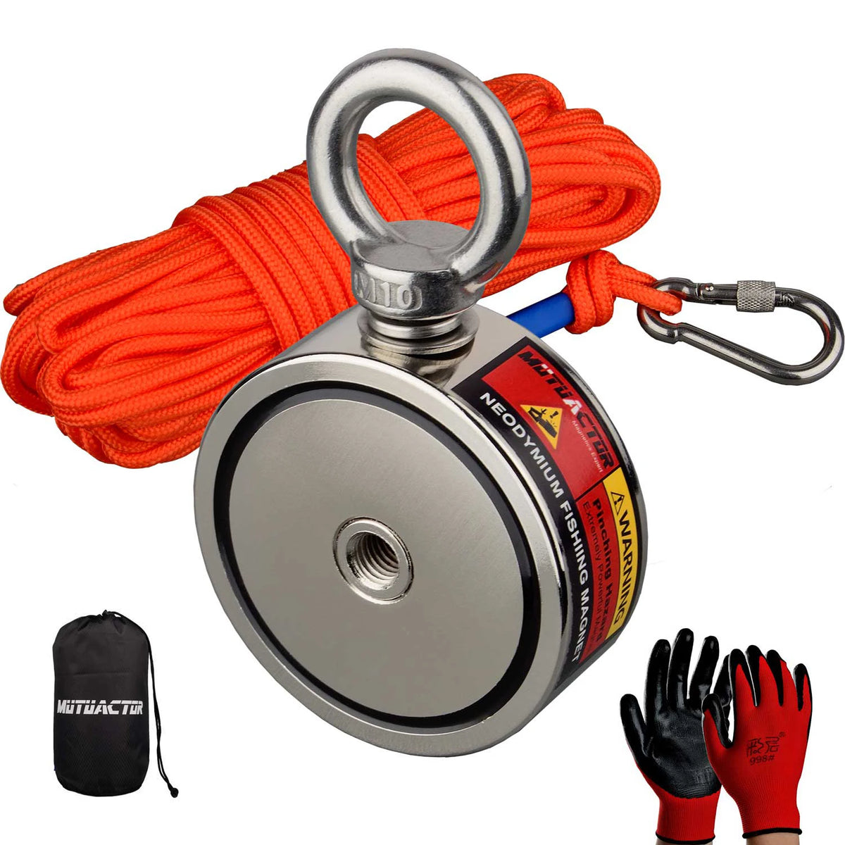 Double-Sided Magnet Fishing Kit 300-500kg, Neodymium Magnet with Rope, Gloves and Grappling Hook