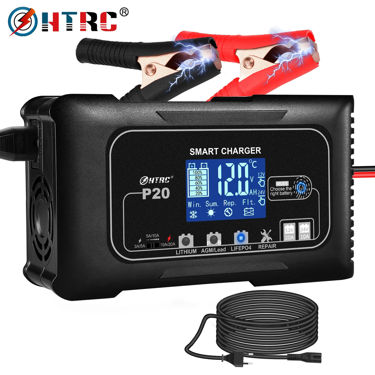 20A 12V-24V Smart Battery Charger for Motorcycle Car Battery Repair Auto Moto Lead Acid AGM GEL PB Lithium LiFePo4 Batteri