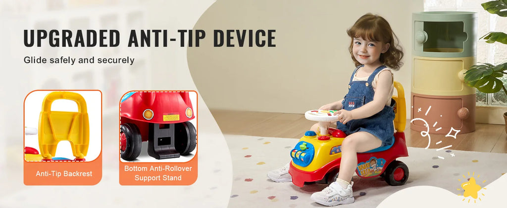 Toddler Ride-On Push Car with Music, Steering Wheel and Under-Seat Storage