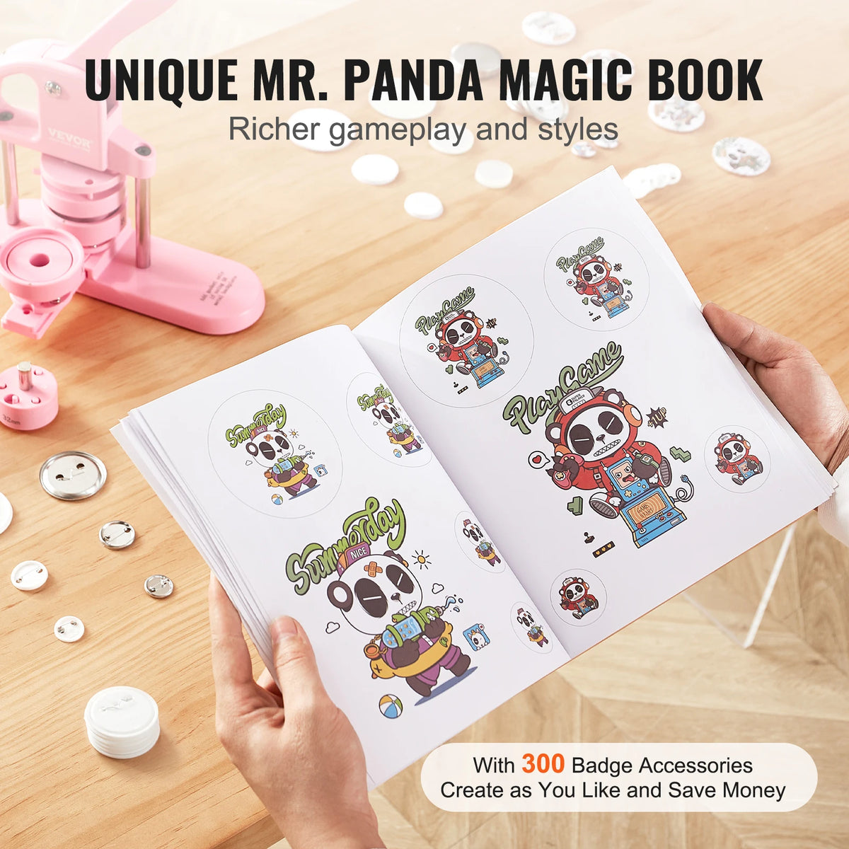 SucceBuy 3-IN-1 Button Maker Button Maker Machine with Panda Magic Book  Ergonomic Arc Handle Punch Press Kit