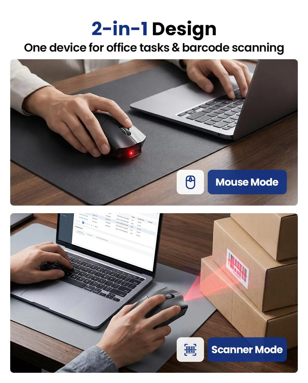 Eyoyo 2-in-1 Wireless Barcode Scanner and Mouse Combo, 1D and 2D Codes, Bluetooth QR Reader with 1200mAh Battery