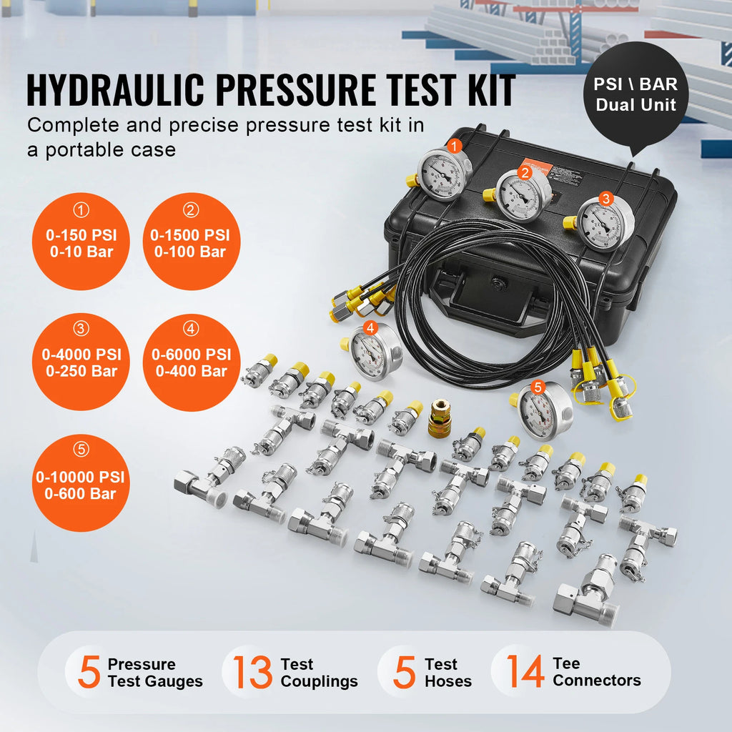Hydraulic Pressure Test Kit with Gauges and Carrying Case for Excavators and Tractors
