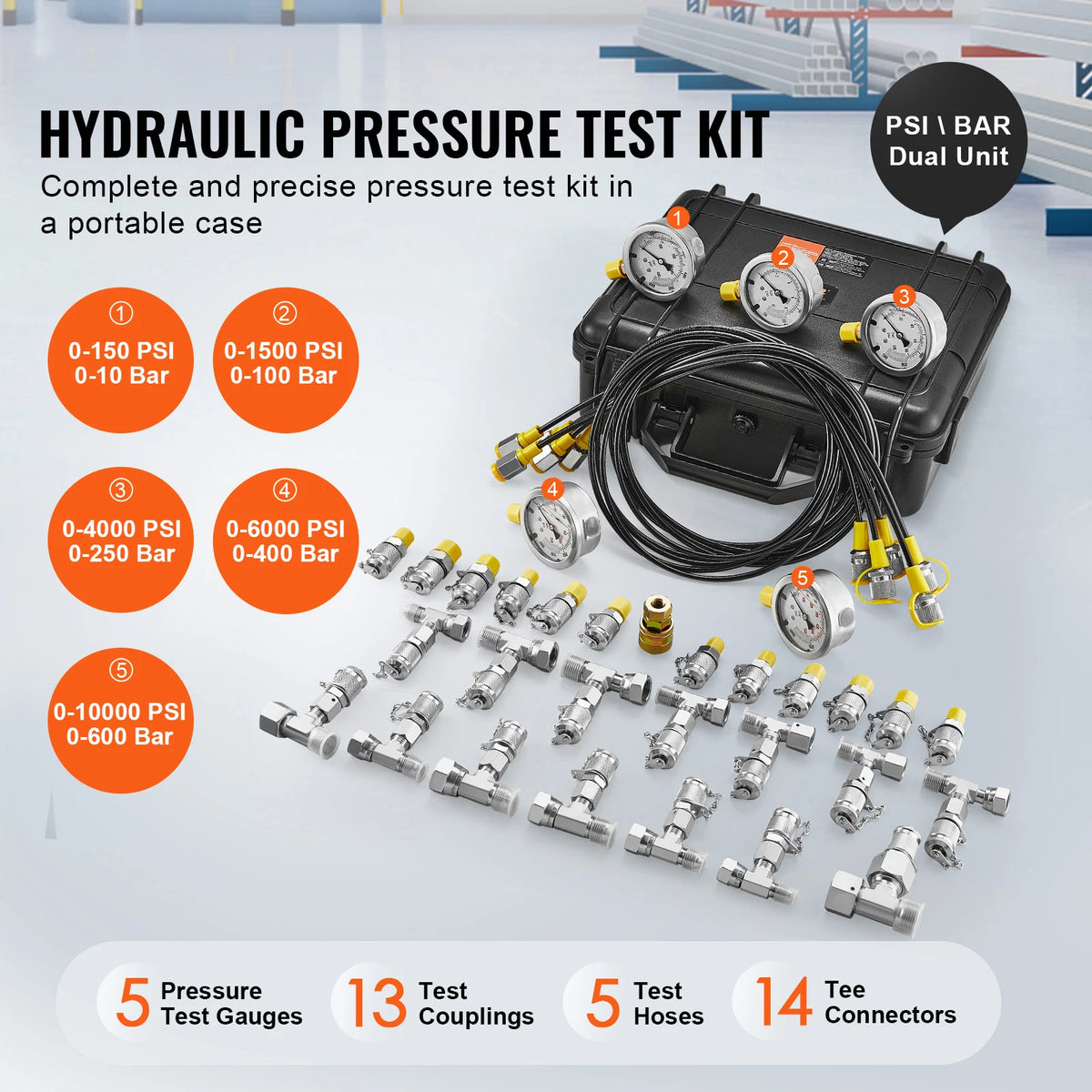 Hydraulic Pressure Test Kit with Gauges and Carrying Case for Excavators and Tractors