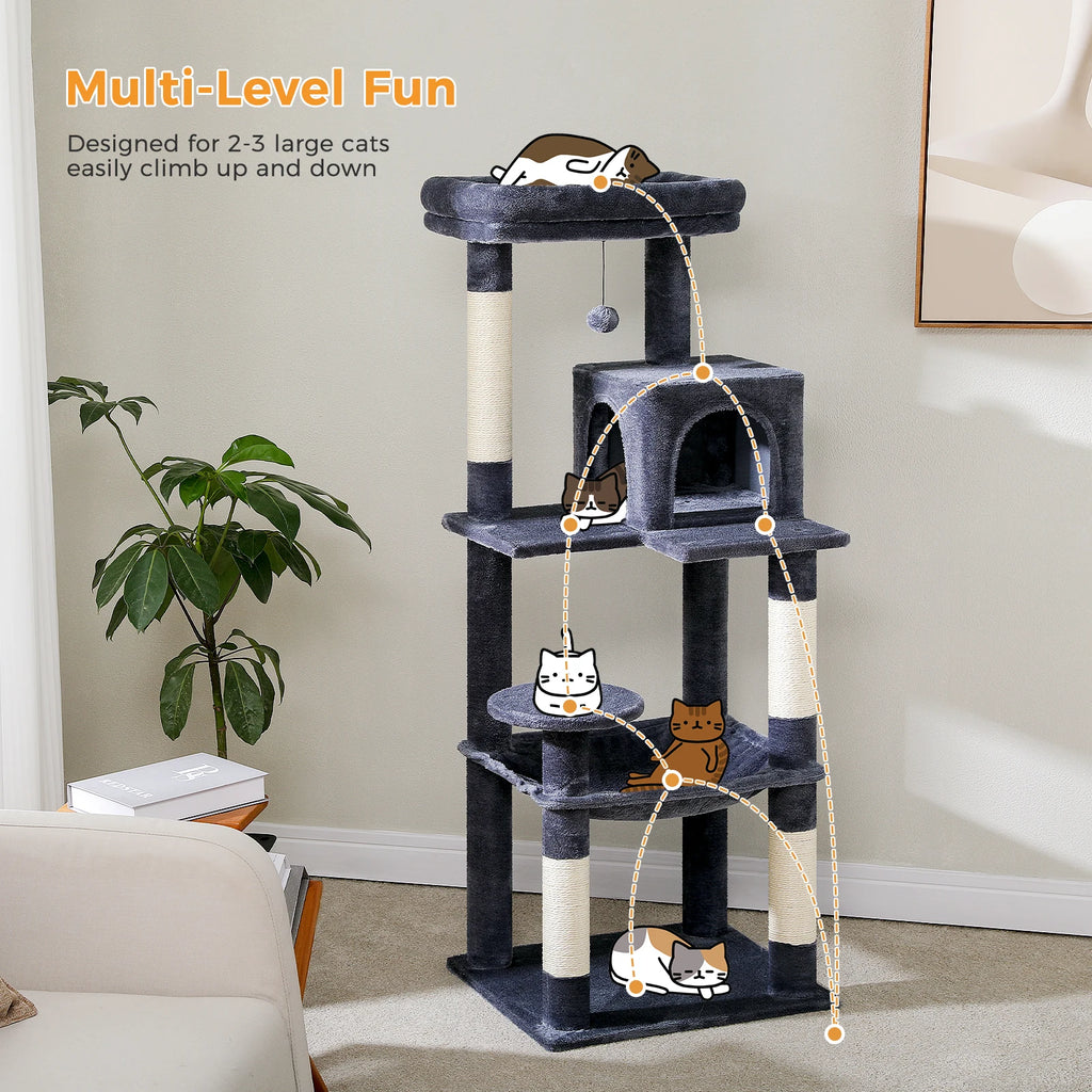 Cat Tree for Indoor Cats 5-Level Cat Tower for Large Cats with Large Hammock Sisal Covered Scratching Posts Cozy Condo Top Perch