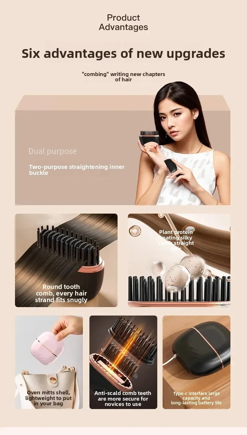Mini Rechargeable Hair Straightener Brush: 3-Speed Temp Control, Anti-Scald Shell, Lightweight & Portable for Travel