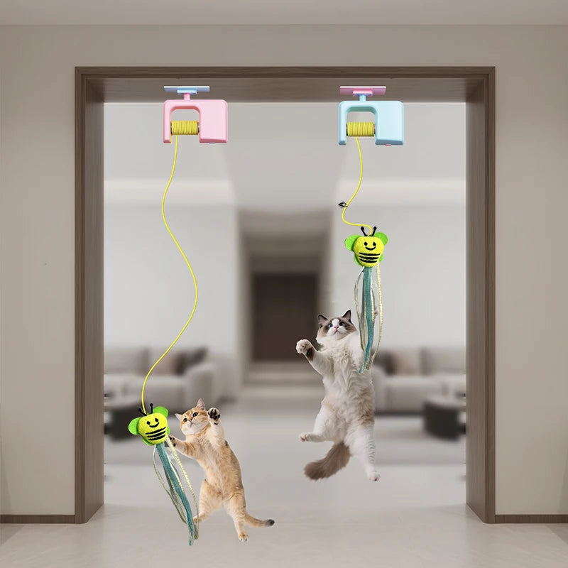 BOOTEELY Interactive Hanging Cat Toy, Rechargeable Retractable String Teaser with 3 Flying Feathers for Indoor Cats