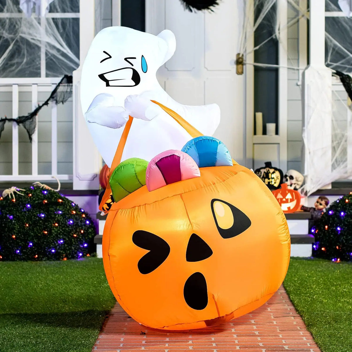 Halloween 5 ft Inflatable Ghost with Pumpkin Candy Bag, Built-In LEDs