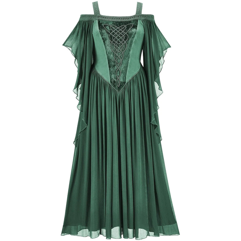 Women's Medieval Drama Halloween Cosplay Dress Off The Shoulder Batwing Sleeve Solid Color Patchwork Embroidery Long Dress