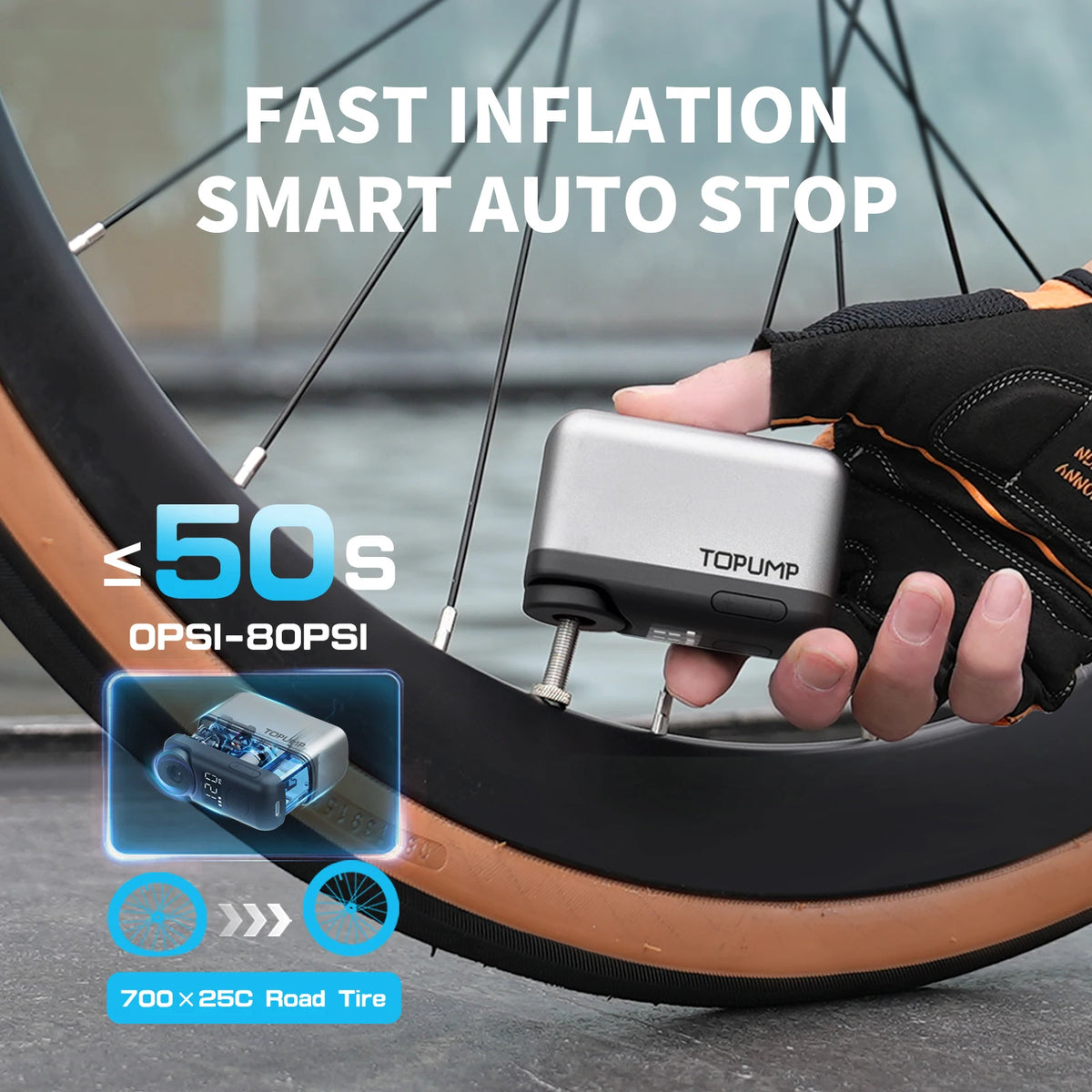 Tiny Pump Mini Bike Tire Pump with Gauge, 120PSI Portable Electric Bicycle Air Pump, Auto Stop, Type-C Rechargeable Battery