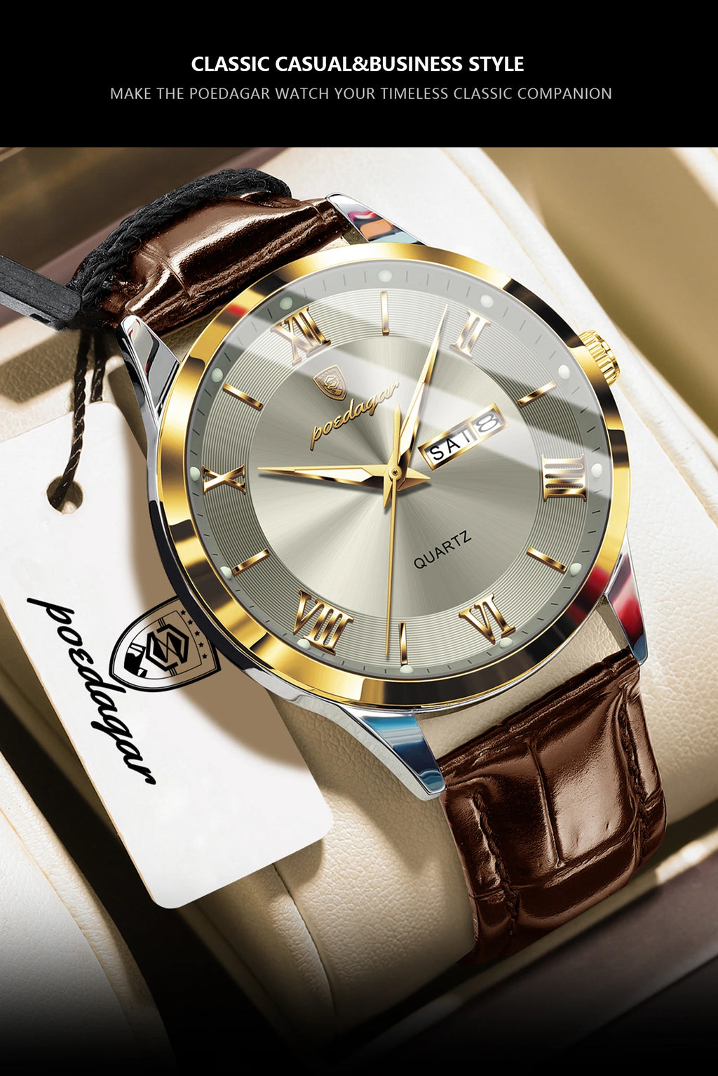 POEDAGAR Men's Leather Quartz Watch