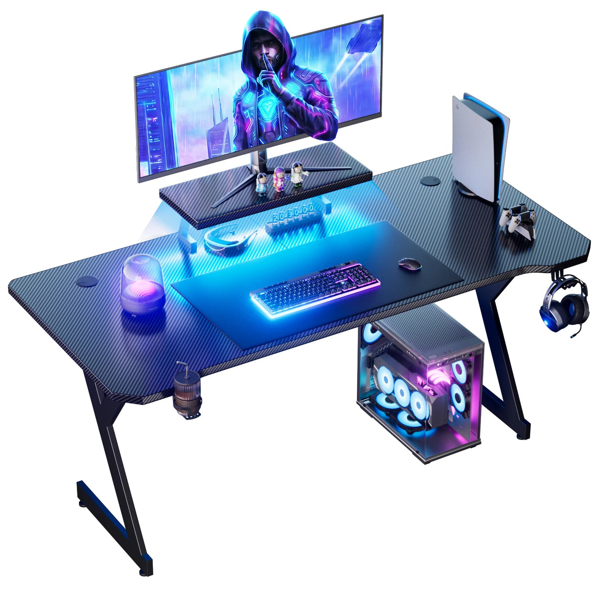 Ergonomic Gaming Desk with Elevated Monitor Riser Stand & Built-in LED Light Strip, Large Curved Carbon Fiber Surface Computer Desk
