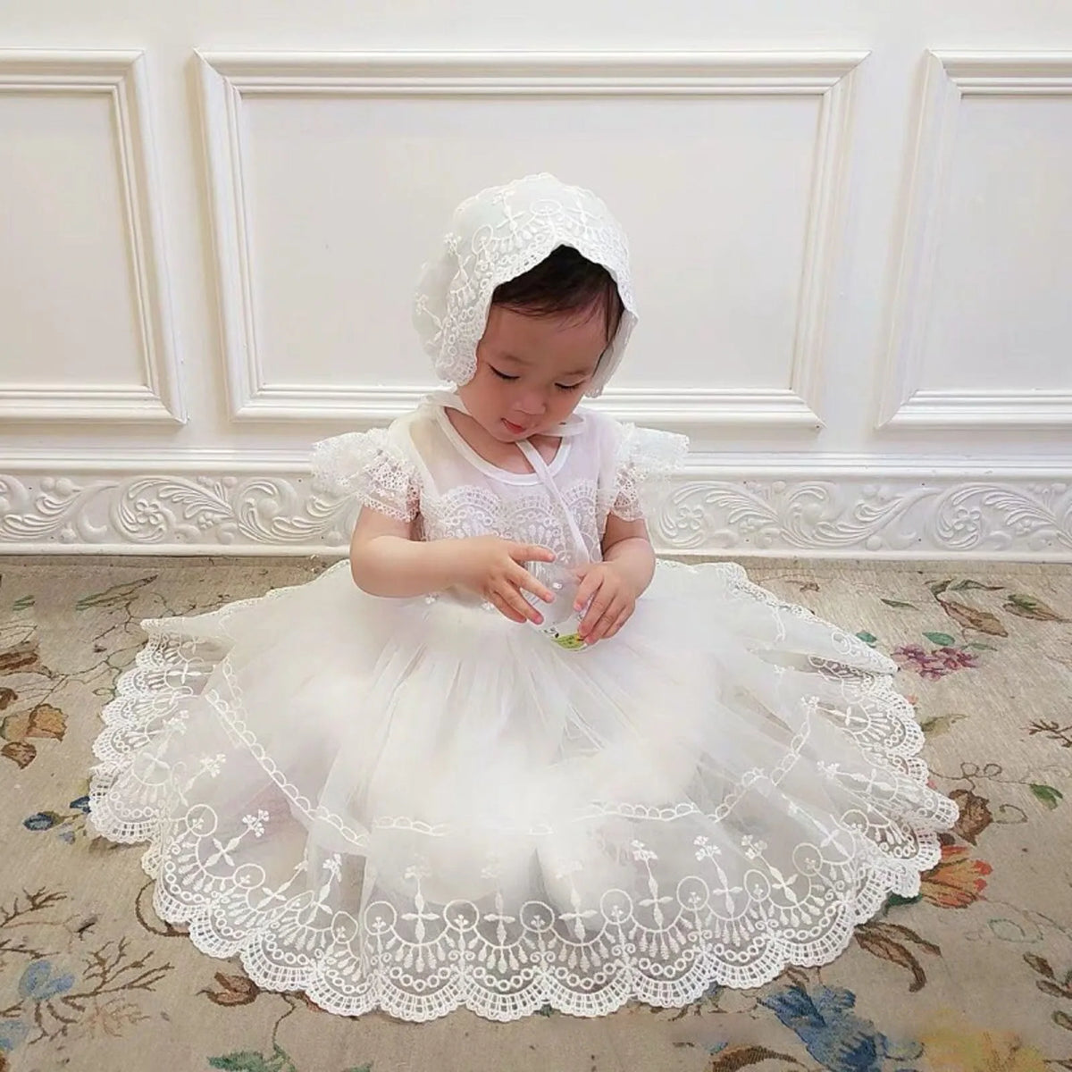 Baby Girl Lace Crochet Tulle Dress, Infant Christening and Special Occasion Ruffle Dress