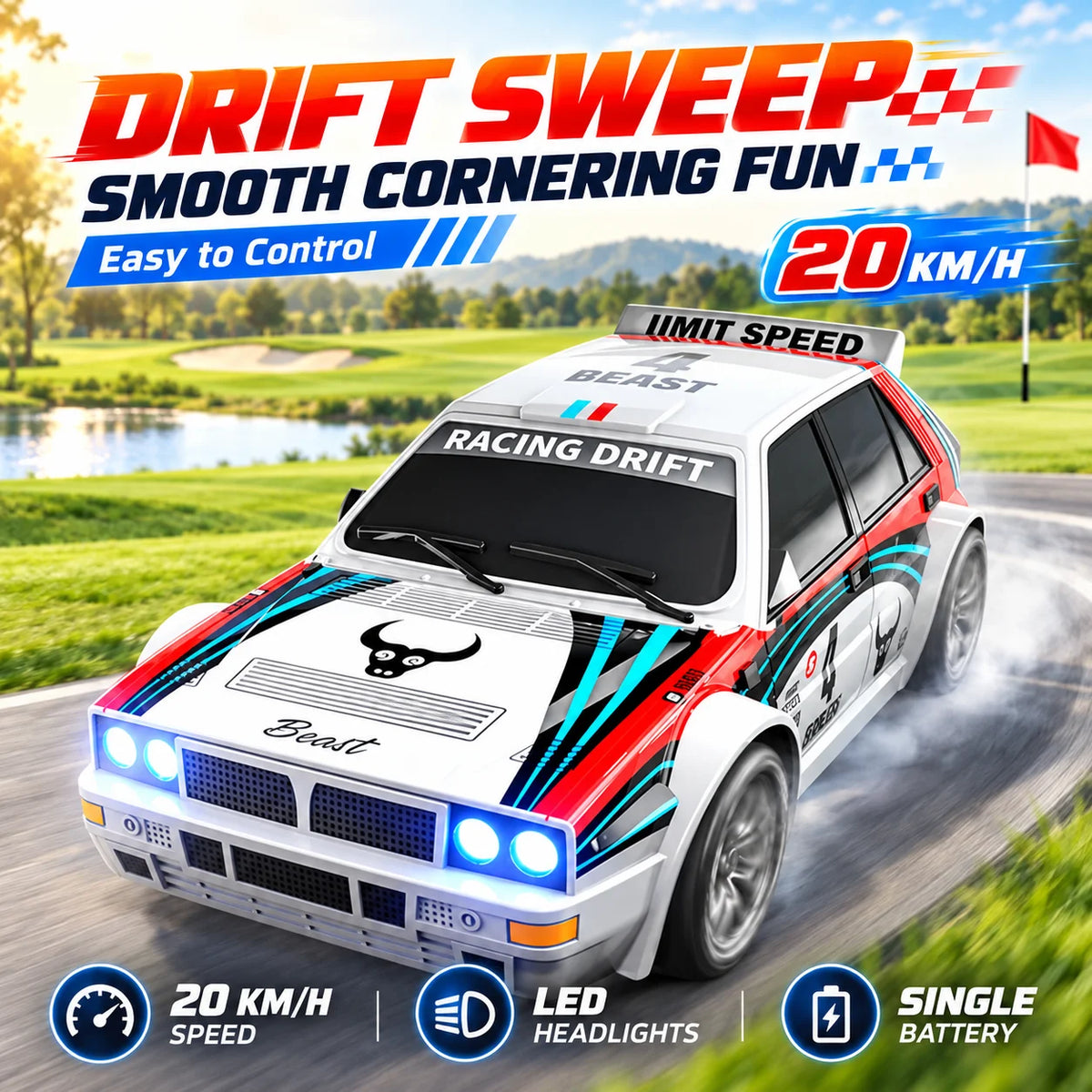 ZNLYRION RC Car Drifting Race Car 1:24 Scale 4 Wheel Drive 20km/h Adjustable High/Low Speed With Spare Drift Tires LED Headlight Taillight RC Toy For Boys Adult