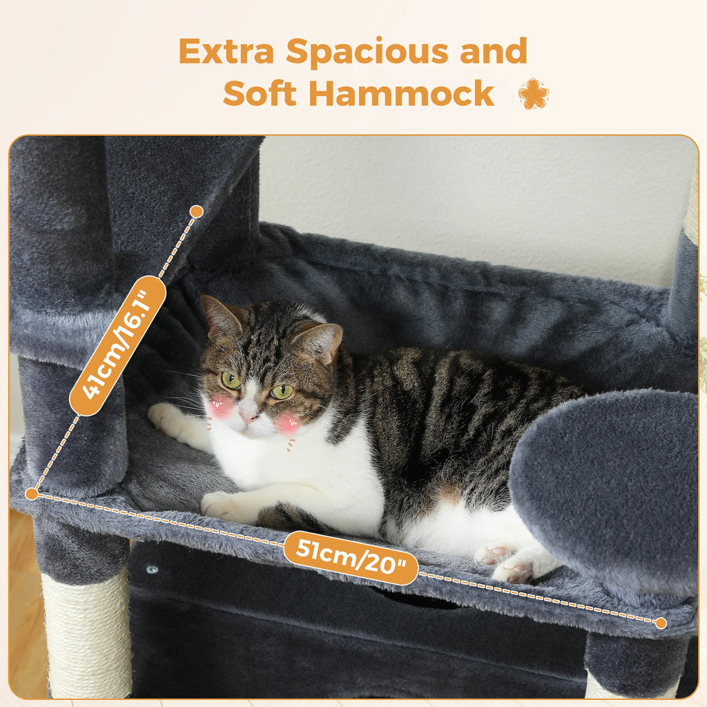 Multi-Level Cat Tree Tower with Scratching Posts&Board, Hammock, Cat Condo, Spacious Top Perch,Dangling Balls for Indoor Cats