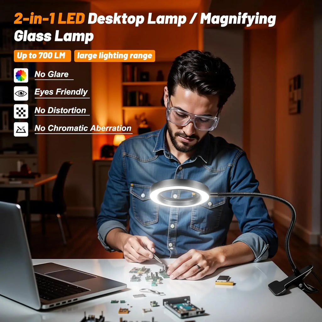 LED Clip-On Magnifying Desk Lamp 5X, USB Dimmable Gooseneck Magnifier Light with 3 Colors
