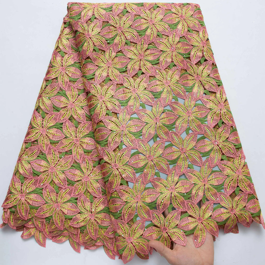 SJD LACE Nigerian Water Soluble Lace Fabric Tricolor Color Embroidered African Guipure Floral Lace for Sewing Wedding Party Evening Dress US Shipping 4632