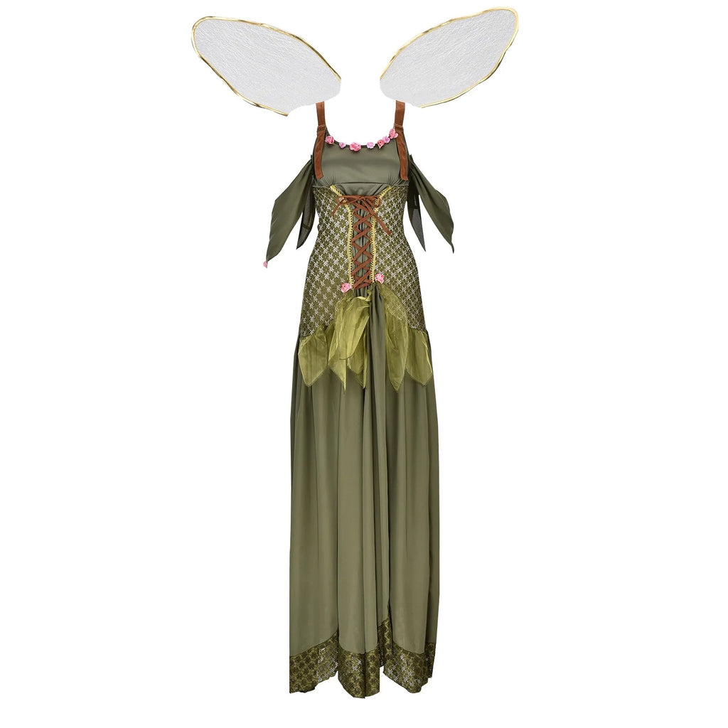 Green Fairy Wing Dresses for Women Halloween Cosplay Costumes Cos Fairy Princess Medieval Corset Long Dress Lace Up Party Dress