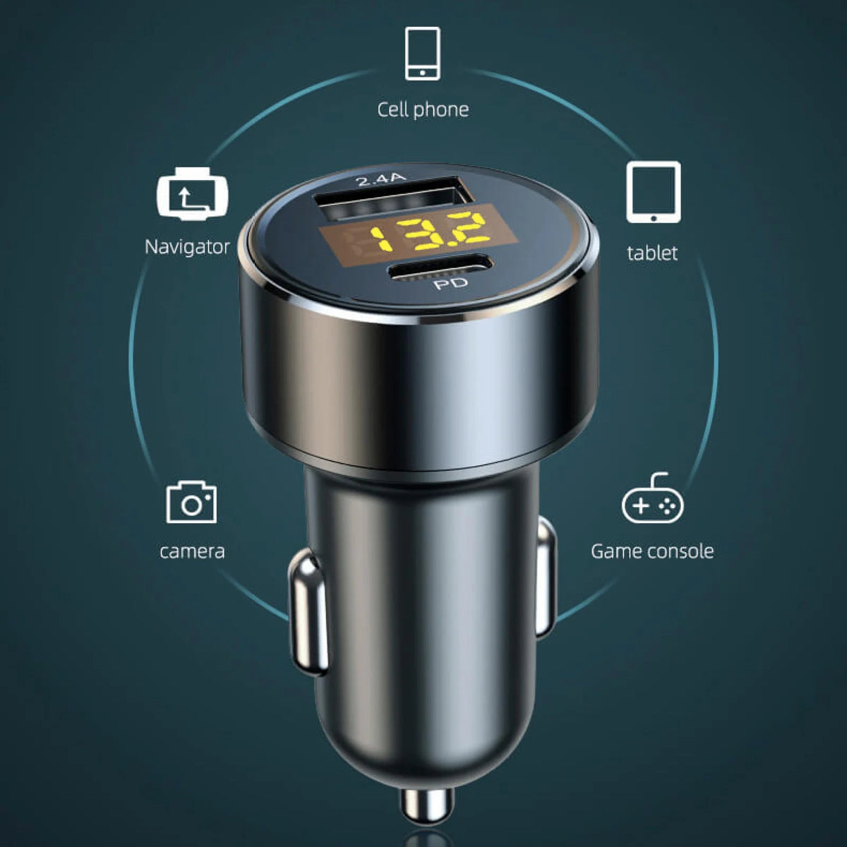 Car Charger Dual USB 18W PD Quick Charge LED Voltmeter Display Aluminum Alloy 12V-24V Fast Charging Adapter for Phone Tablet GPS