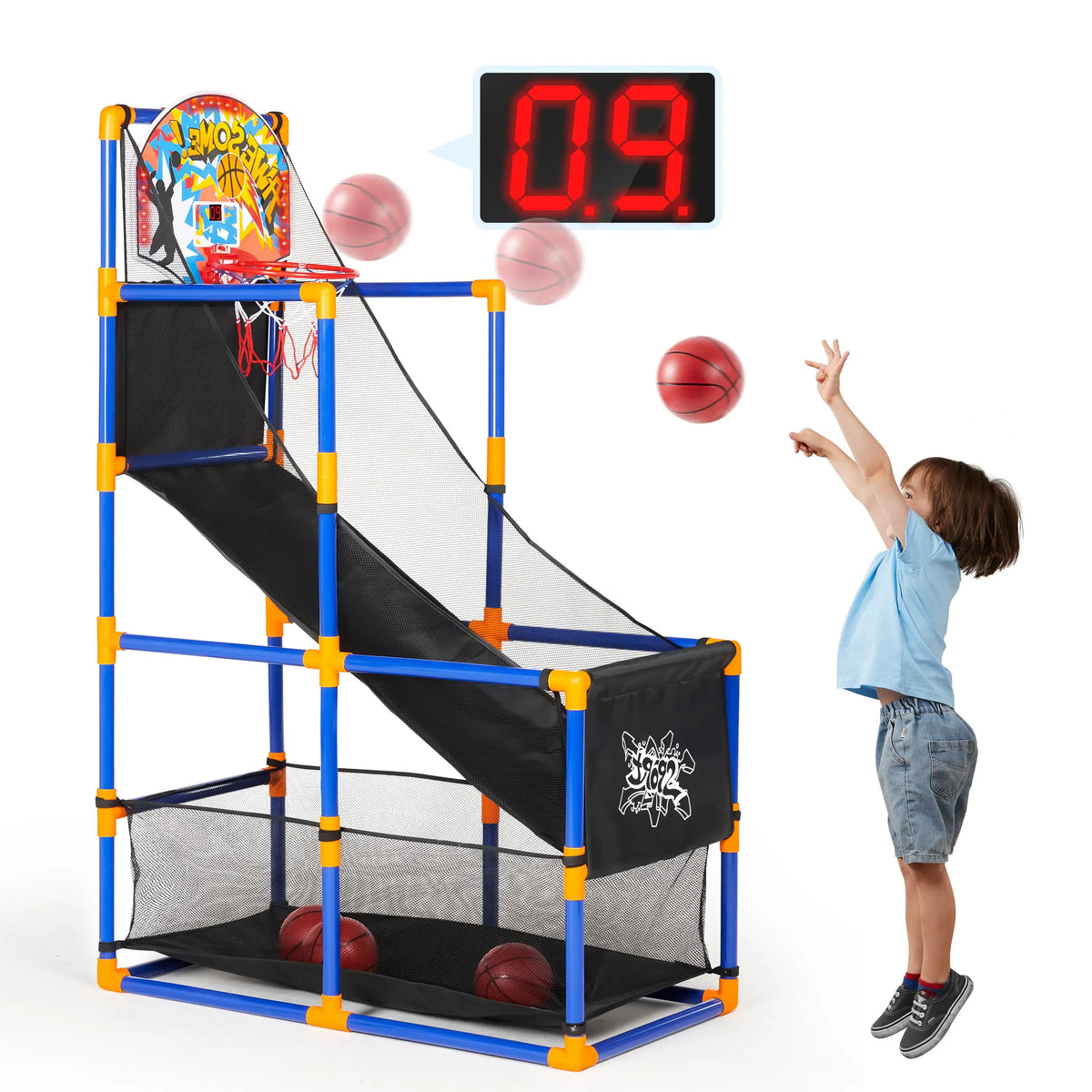 Arcade Basketball Game Set with 4 Balls and Hoop for Kids 3+ Years Old Indoor Outdoor Sport Play Easy Set Up Air Pump Included Ideal for Competition