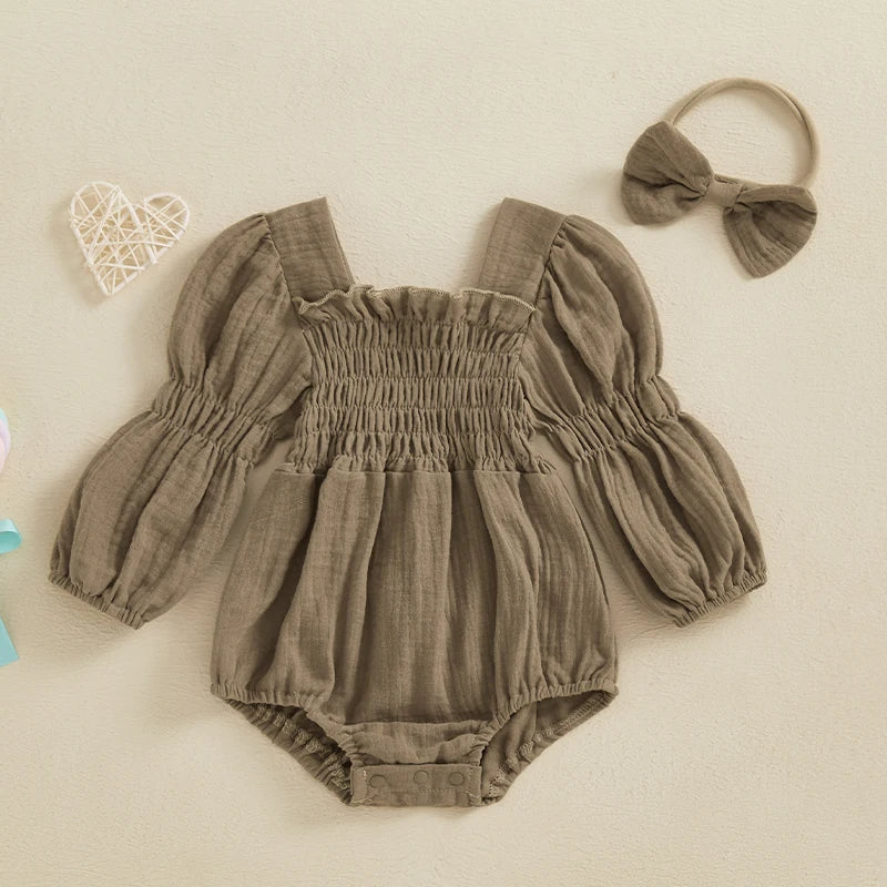Baby Girls Spring Romper Long Sleeve Square Neck Solid Color Romper with Headband
