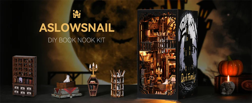 Book Nook Kit Dark Family DIY Wooden Puzzle Gothic Style Halloween Bookshelf Dollhouse Model Bookend Building Home Decoration