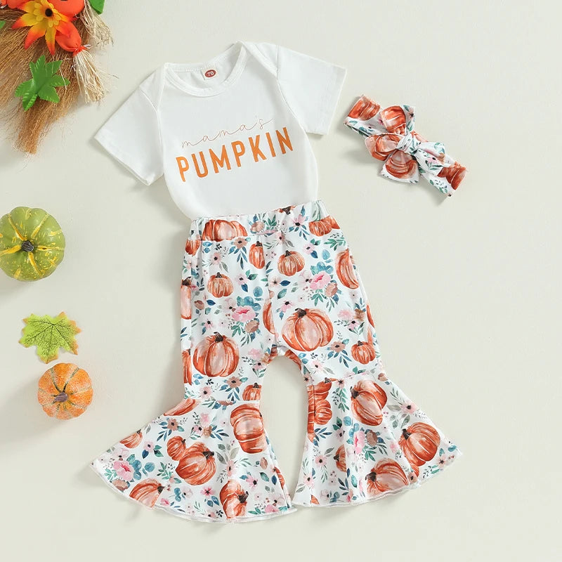 Citgeett Infant Baby Girls Halloween Outfit, Letter Print Short Sleeve Romper with Pumpkin Flare Trousers and Headband