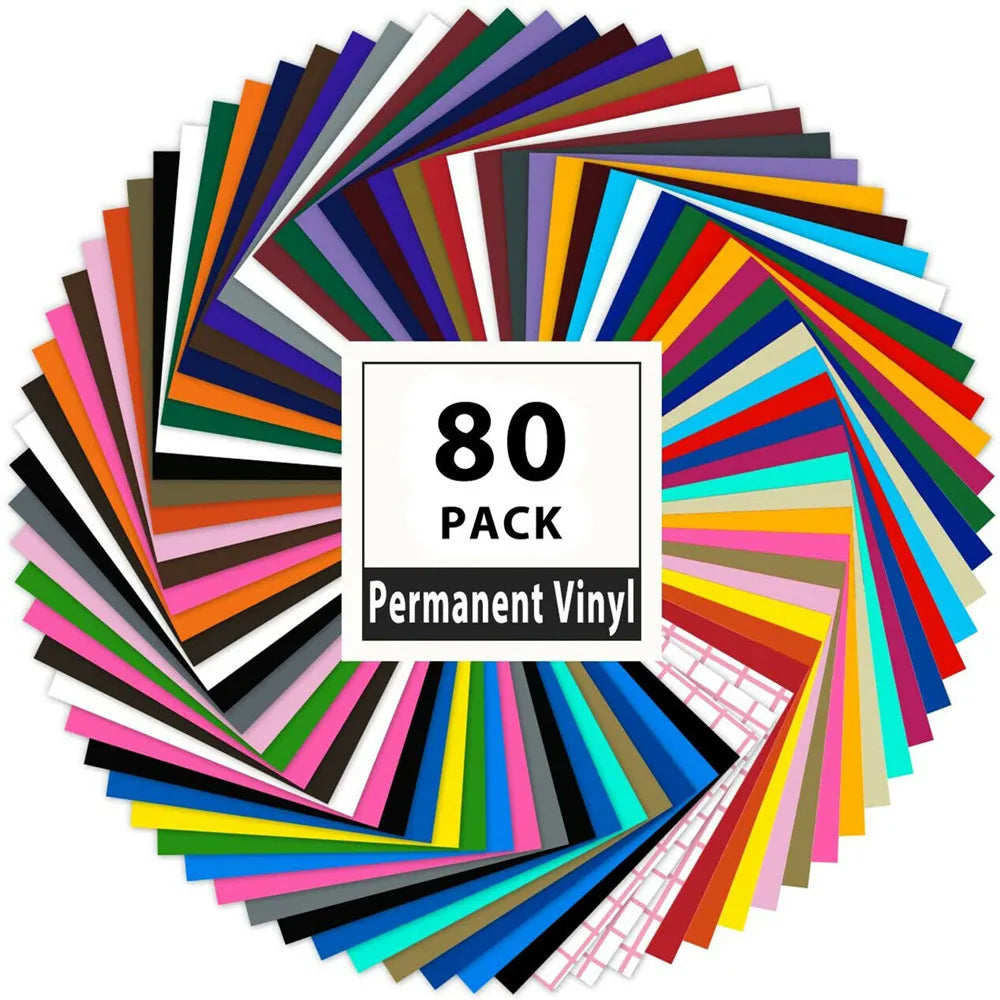 HTVRONT 80pcs/100pcs 12X12Inch Colors Self Adhesive Vinyl Sheets Permanent Sticker+Transfer Tape for Cricut Craft DIY Cups Decor