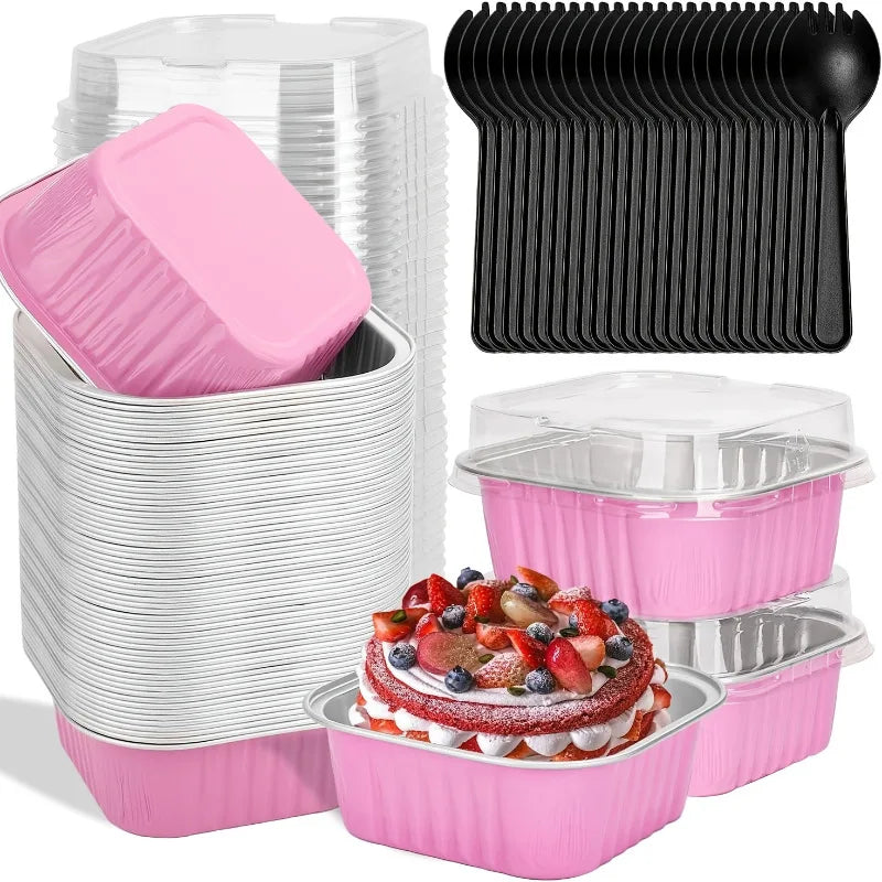 Mini Square Aluminum Foil Baking Pans with Lids, 50 Pack