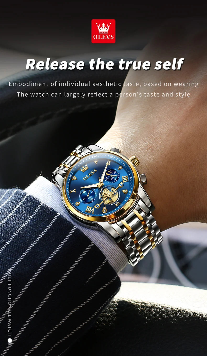 OLEVS Men's Skeleton Chronograph Watch with Moon Phase, Stainless Steel Quartz Wristwatch