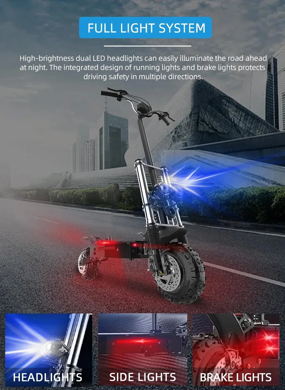 60-85KM/H Fast Electric Scooter for Adults, 1200W-6000W High Power E Scooter Single/Dual Motor, 48V 52V 60V 72V Long Range 40-100KM, 10Ah-30Ah Battery, 11 Inch Off Road Fat Tire All Terrain Electric Scooter with Dual Suspensi