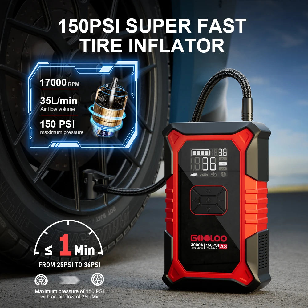 A3 Jump Starter with Air Compressor, 3000A Portable Car Battery Booster (9.0 Gas/6.5L Diesel) with 150PSI Auto-Shutoff Ti