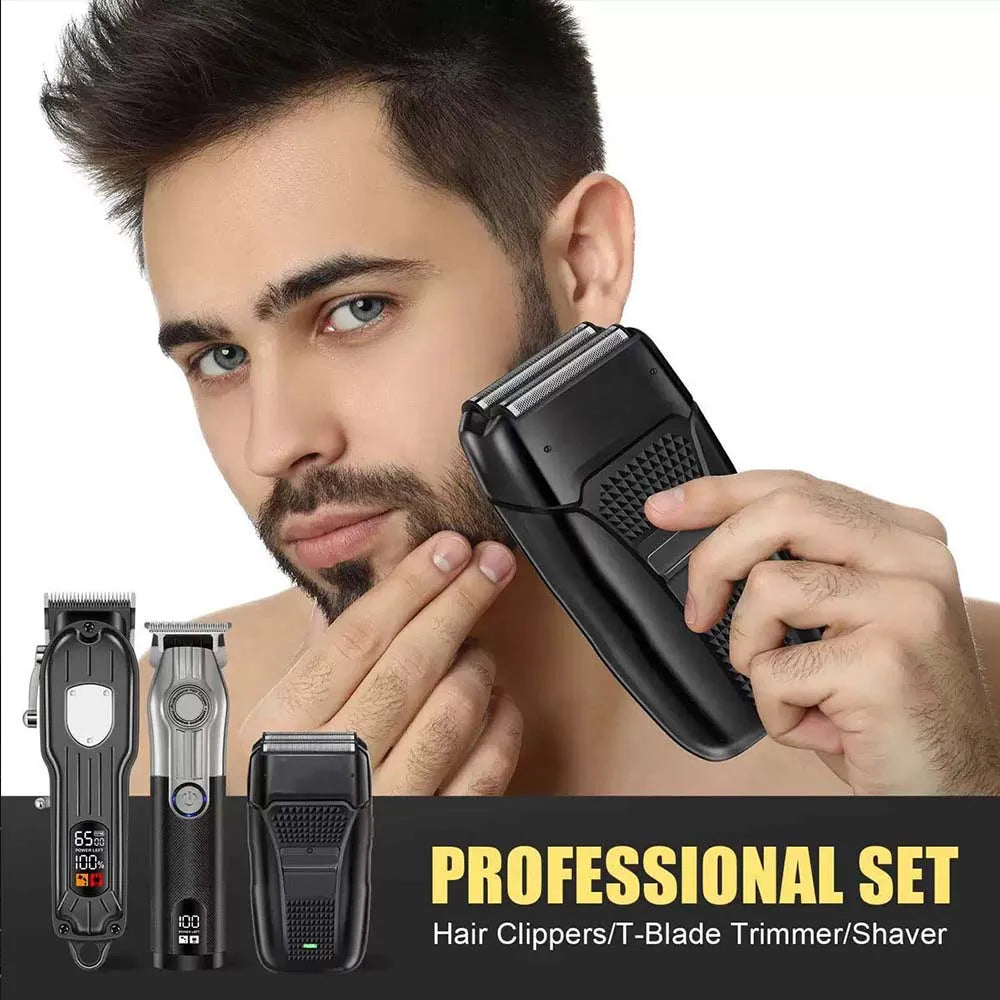Professional Hair Clipper Set for Men, Cordless Haircut Kit with LED Display, 3-in-1/2-in-1/1pc Rechargeable Hair Clipper & T-Blade Trimmer & Electric Shaver, Barber Zero-Gapped Detailer, DIY Grooming Tools with Scissors, Com