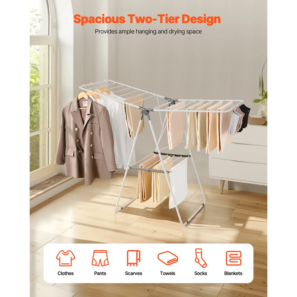 Foldable Metal Clothes Drying Rack with Sock Clips, Height Adjustable