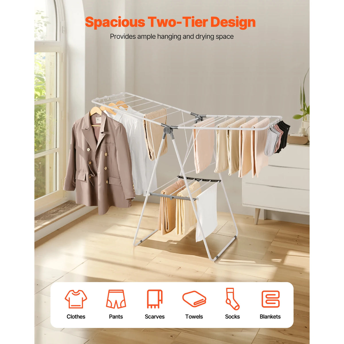 Foldable Metal Clothes Drying Rack with Sock Clips, Height Adjustable