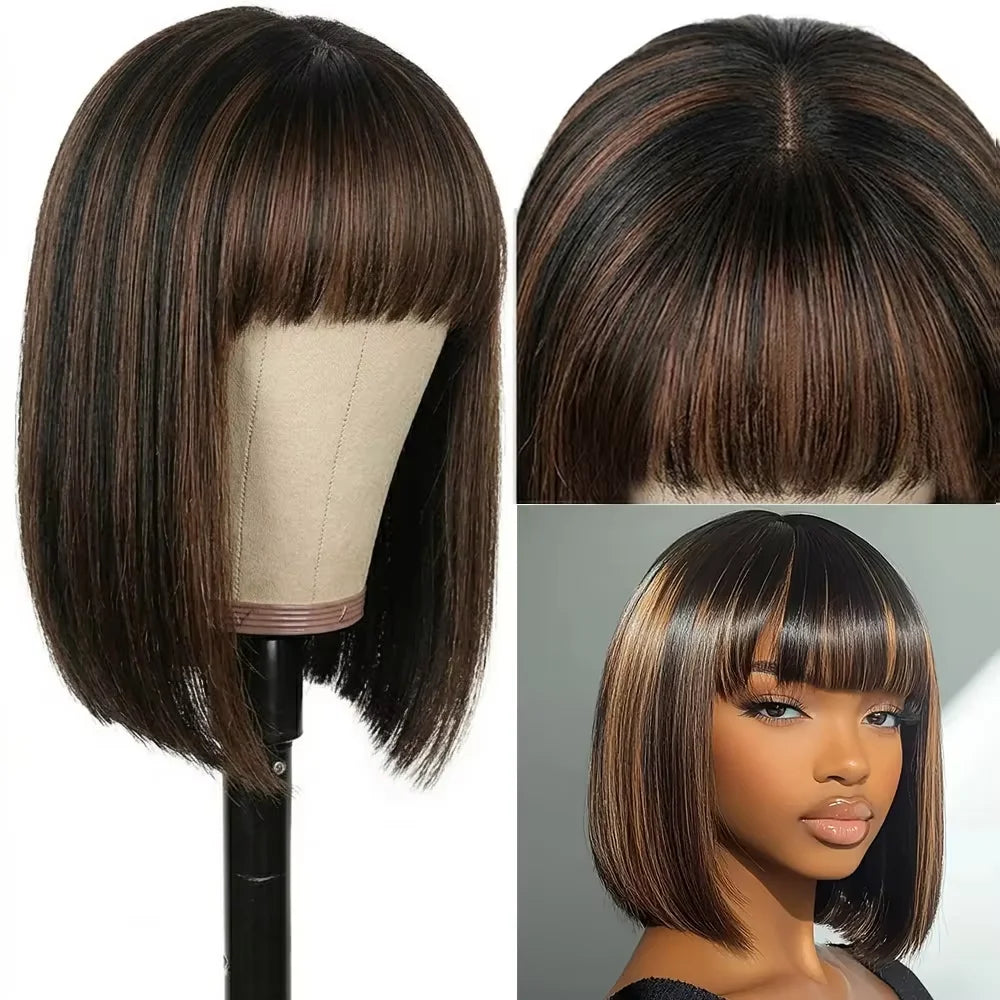 220% Density Ready To Go Glueless Human Hair Wigs 10 Inch 1B/30 Highlight Ombre Straight Wear And Go Glueless Bob Wig 2x1 Lace Closure Wig Human Hair