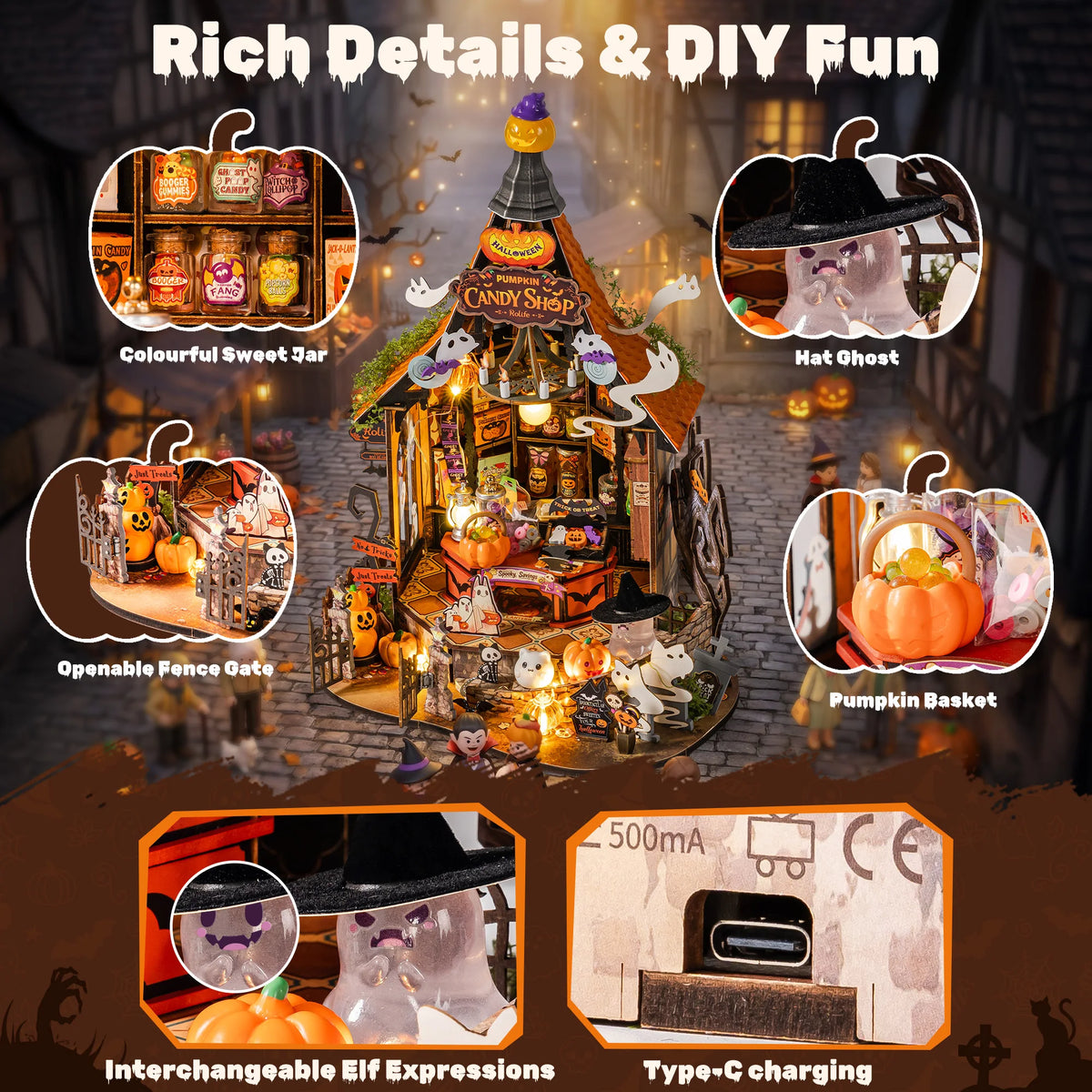 Rolife DIY Miniature House Kit Haunted Candy House Wooden Dollhouse Model Building Kit with LED Light for Home Decor Holiday Gift for Adults Friends