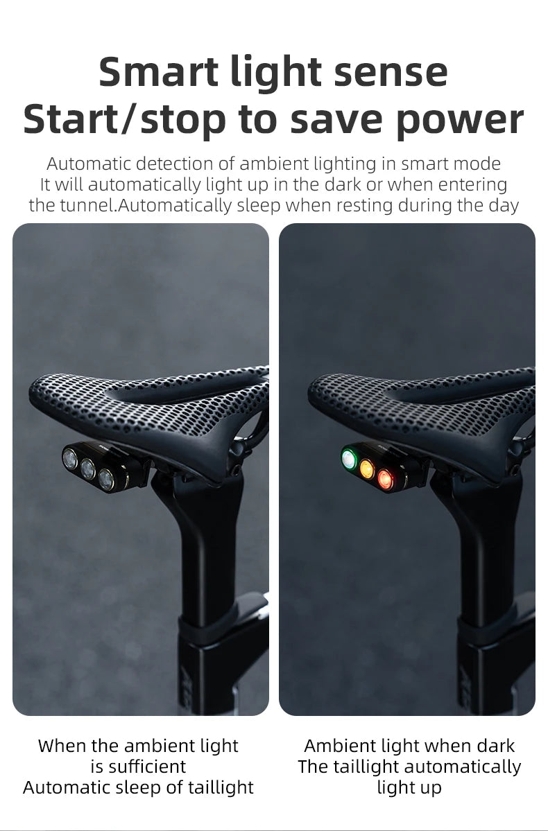 ROCKBROS Bicycle Smart Brake Tail Light MTB Road Bike Auto Brake Sensing Light IP64 Waterproof Type-C Charging Warning Taillight