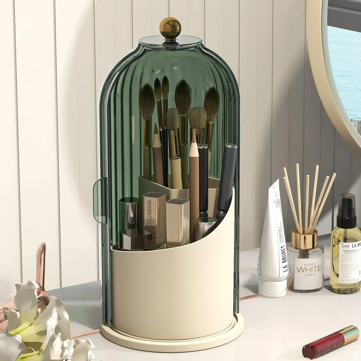 360-Degree Rotating Makeup Brush Holder with Dustproof Lid