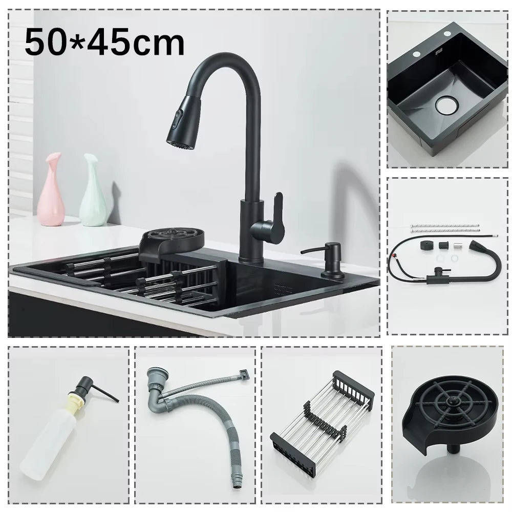 Stainless Steel Kitchen Sink Large Integrated Faucet Sink Dish Basin With Drain Basket Soap Dispenser/Pure Water/Cup Washer