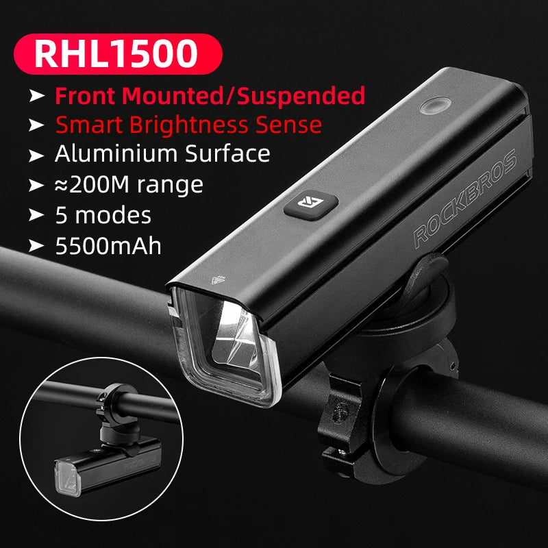 ROCKBROS Bike Light 1500LM 5000mAh Bicycle Lights IPX6 Aluminum Type-C Rechargeable Smart Brightness Sense Adjust Cycling Lamp