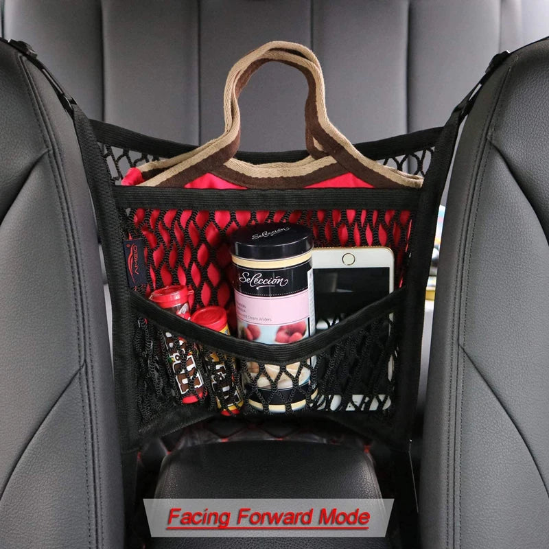 Car Seat Storage Net Bag and Pet Barrier, Stretchable Mesh Organizer Between Seats