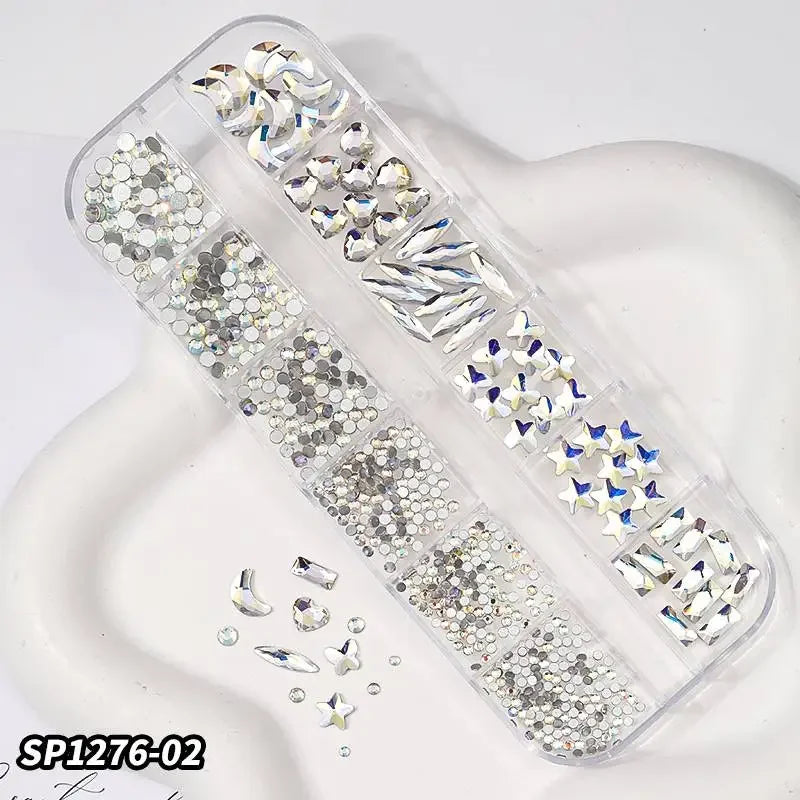 12Gird 3D Glass AB Crystal Nail Art Rhinestones Kit Flatback Round Bead Charm Gem Stones Jewelry Diamond with Tools for Nail Art