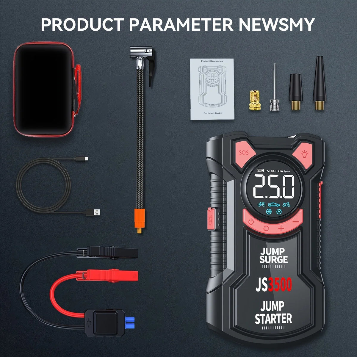 PAIVIROKU 5-in-1 Multifunctional Air Pump Jump Starter with Air Compressor 3000A Peak/150PSI Battery Jump Starter Digital Tire Inflator