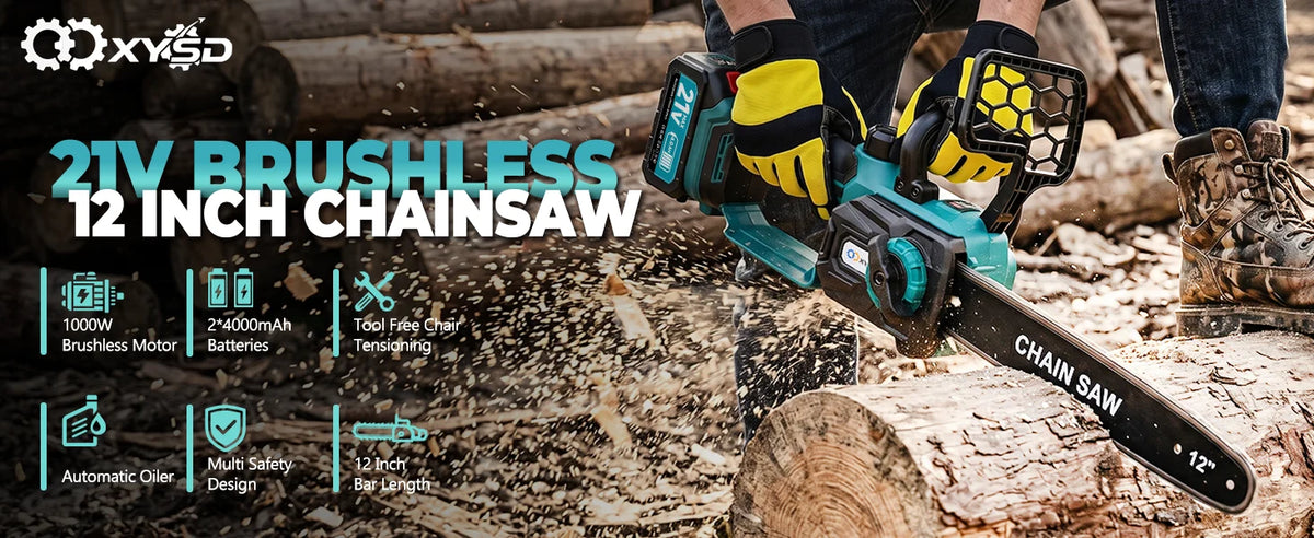 12 in Electric Chainsaw Cordless, 21v,2x4000mah Battery Handheld Chainsaw for Tree Trimming Electric Tree Trimmer Saw