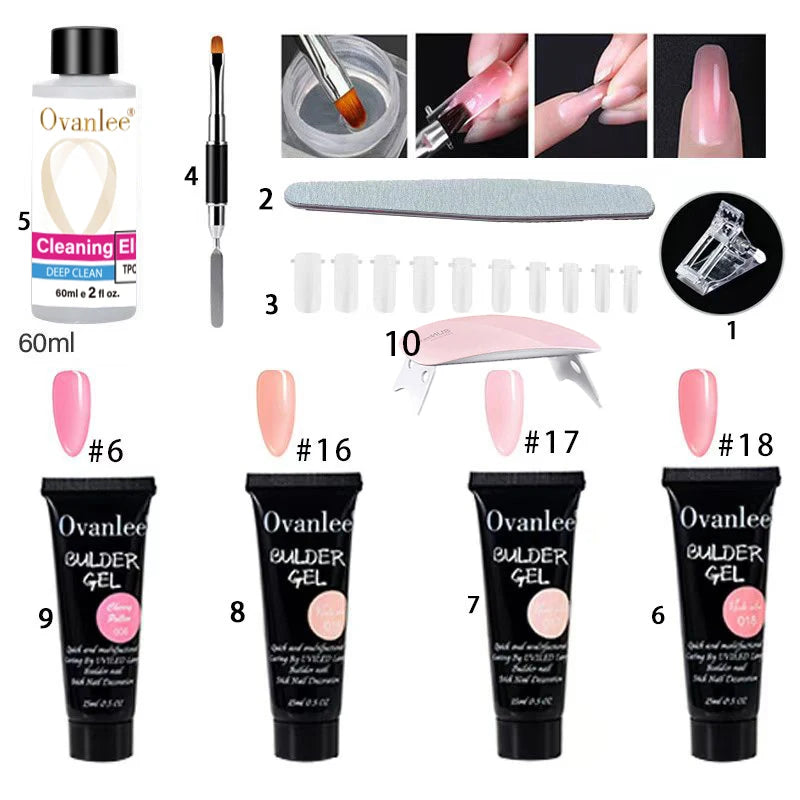 Ovanlee 18-Piece All-in-One Nail Builder Gel Kit – 12 Colors 15ml Polygel with Mini UV/LED Lamp, Cleaning Fluid, Nail Tips & Tools – Form-Free DIY Manicure Extension & Strengthening Set