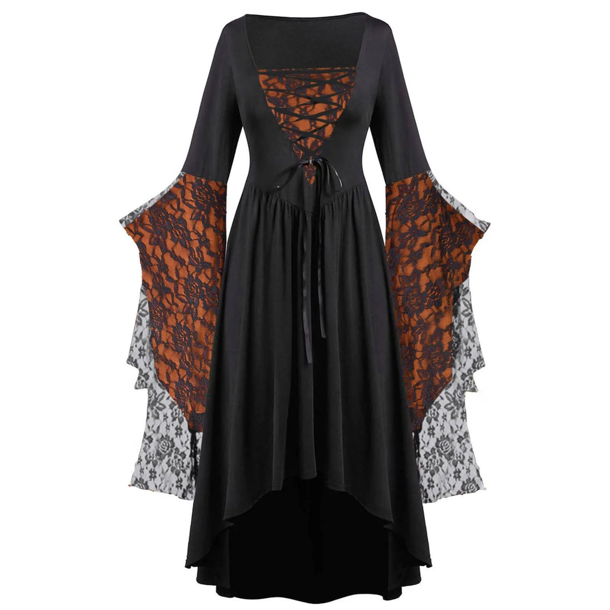 Women's Gothic Lace Dress, Long Flare Sleeve Halloween Costume Gown in Plus Sizes
