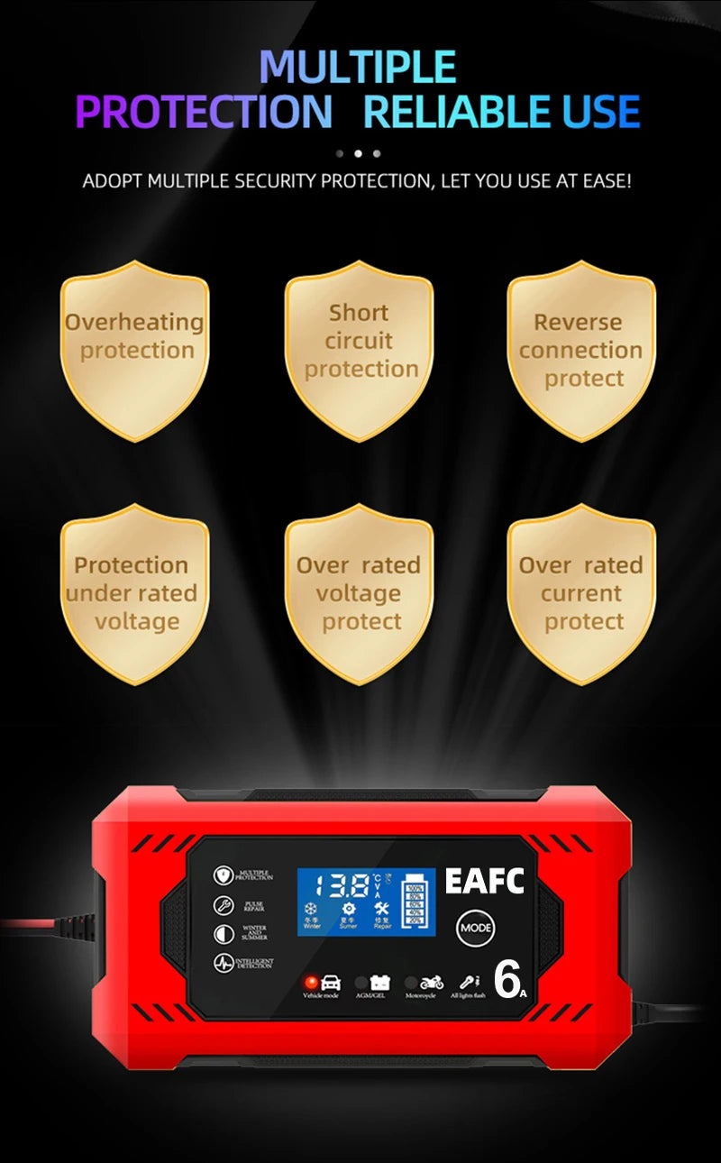 12V 6A Smart Car Battery Charger with LCD, Automatic Pulse Repair Charger for Car and Motorcycle