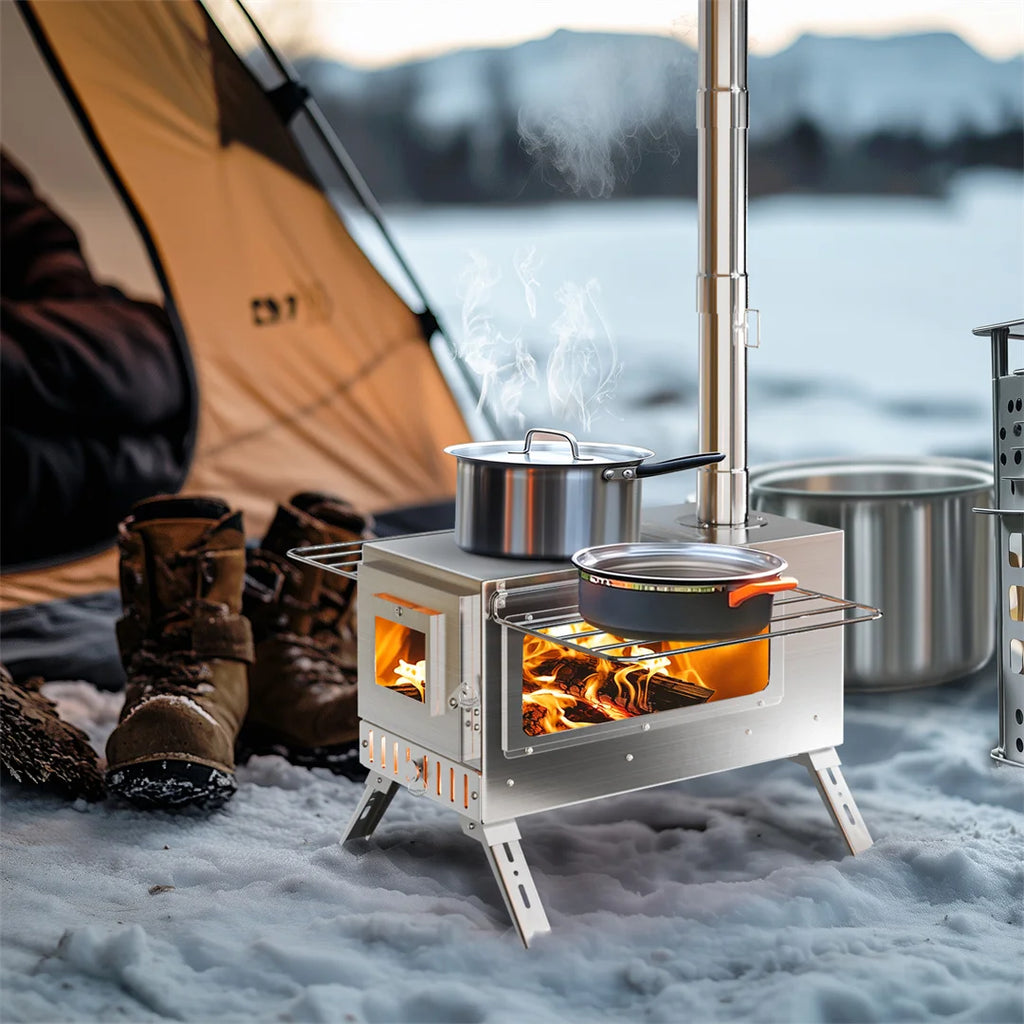 Hot Tent Stove, Wood Burning Stove, Portable Wood Stove with 6 Stainless Chimney Pipes for Outdoor Heating & Cooking