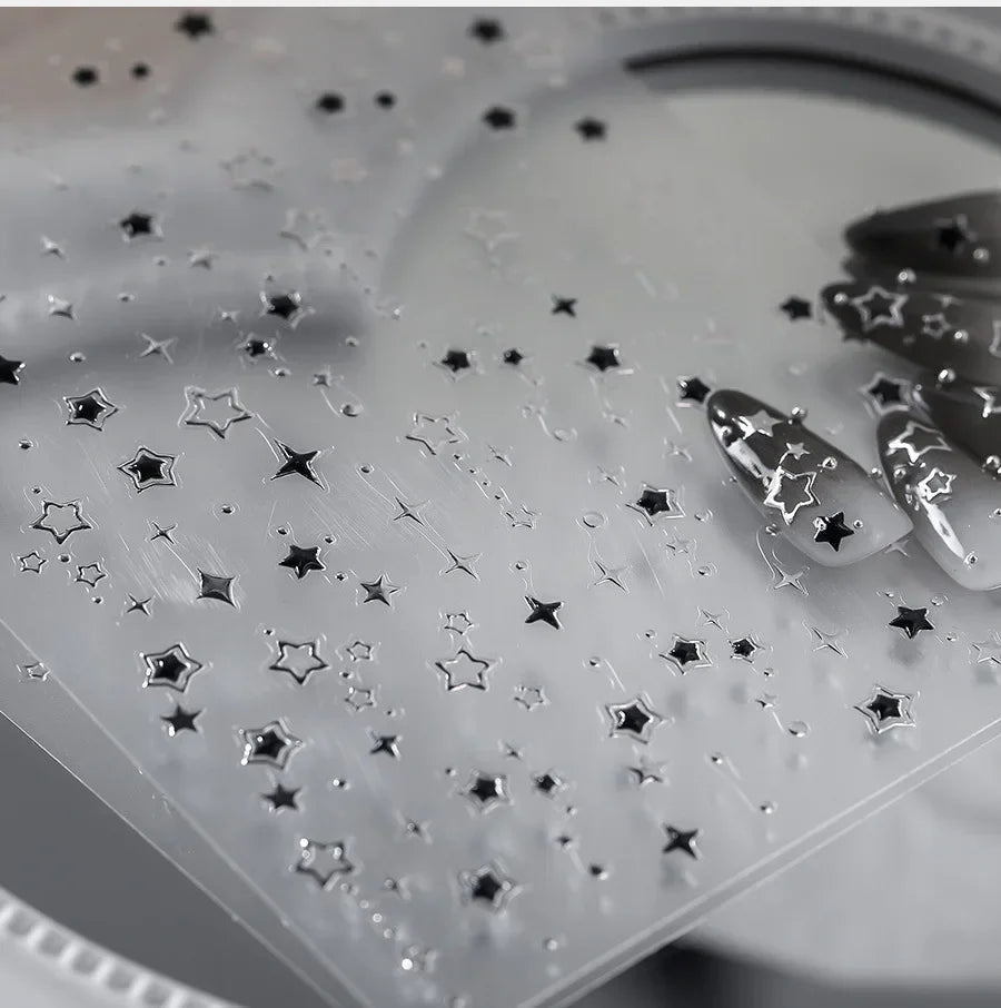 5D Luxury Star Nail Stickers for Nail Art Stars Black Silver Nail Decals Gilding Hollow Out Five-Pointed Nail Art Design Slider